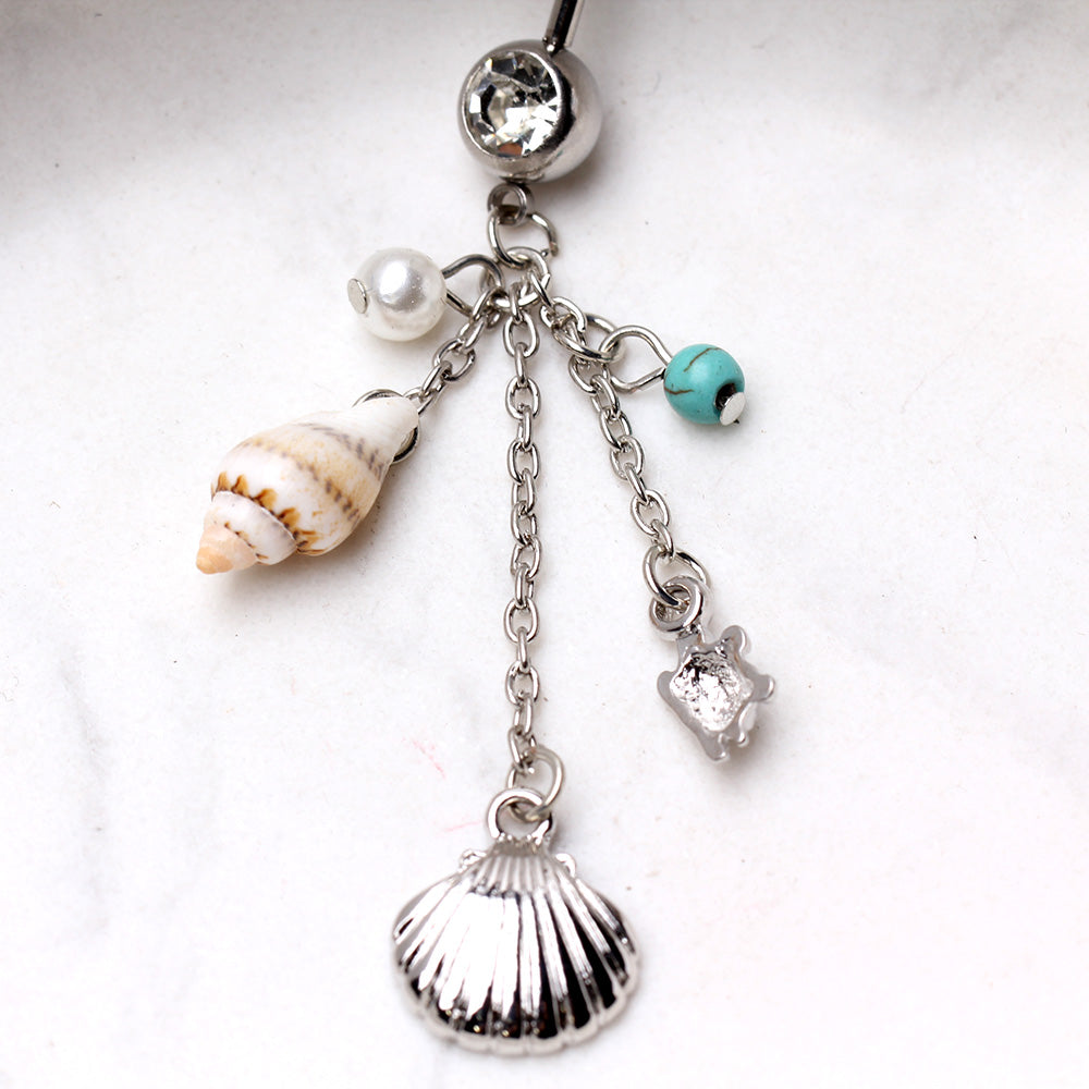 CZ Crystal Dangling Shell and Turtle Charms Belly Button Ring - 316L Stainless Steel