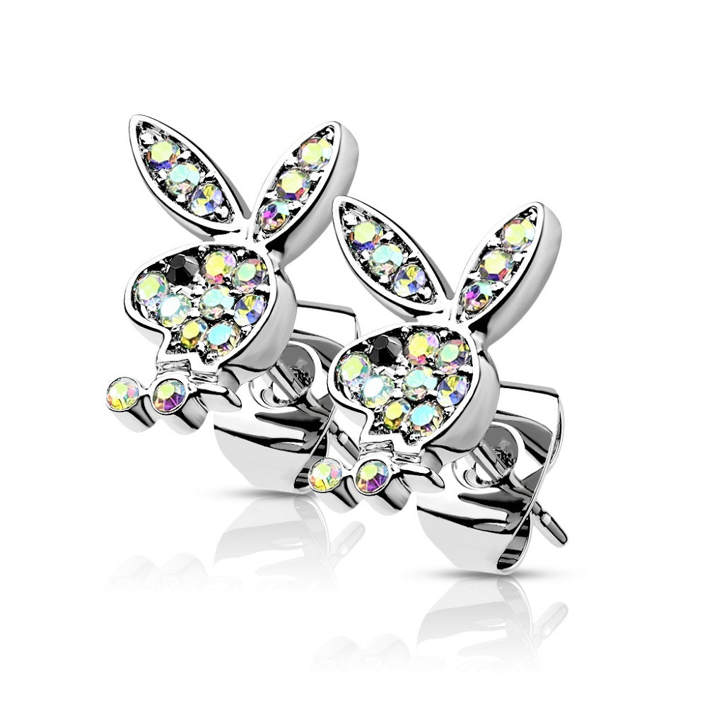 Playboy Bunny CZ Crystal Paved Stud Earrings - Pair - 316L Stainless Steel