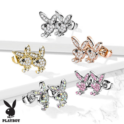 Playboy Bunny CZ Crystal Paved Stud Earrings - Pair - 316L Stainless Steel