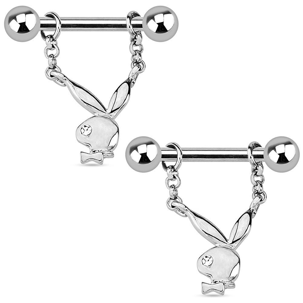 Playboy Bunny with CZ Crystal Eyes Dangling Nipple Barbells - Pair - 316L Stainless Steel