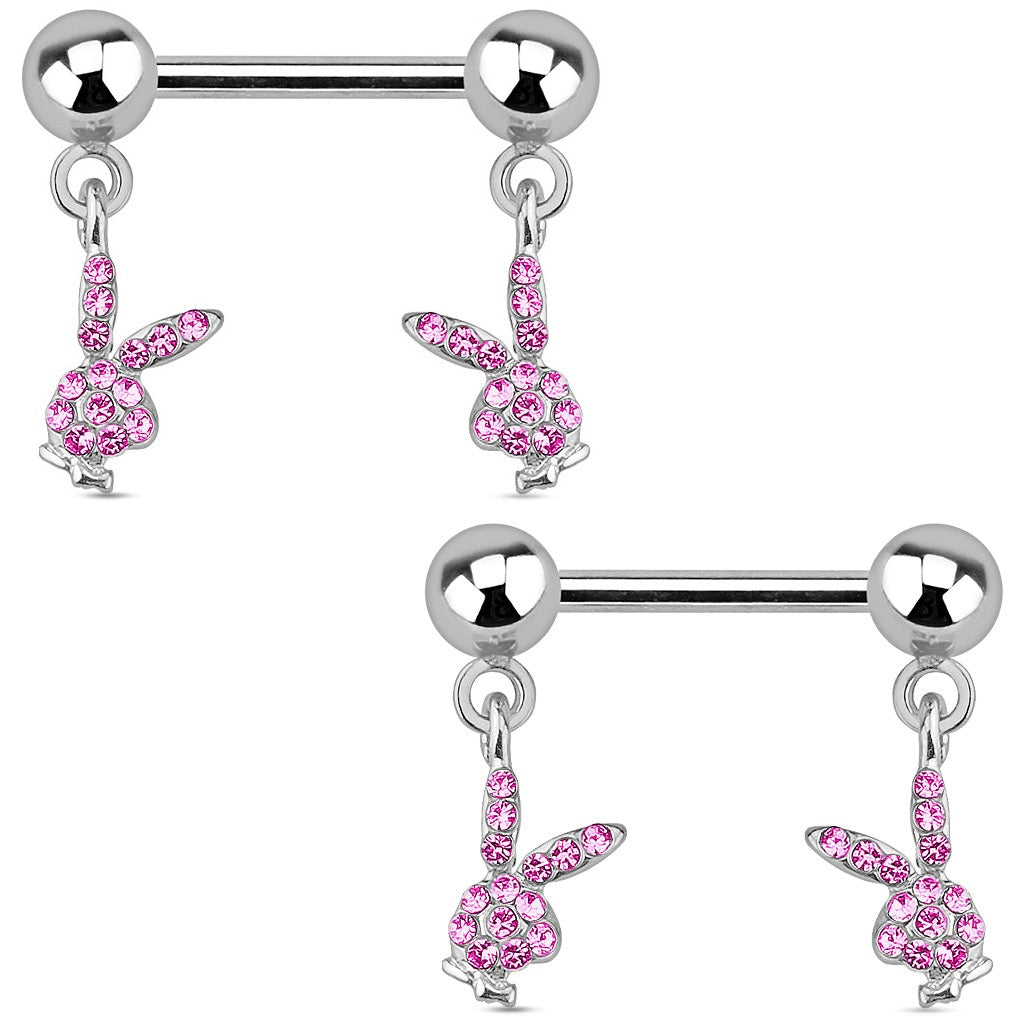 Pink CZ Crystal Paved Playboy Bunny Dangling Nipple Barbells - Pair - 316L Stainless Steel