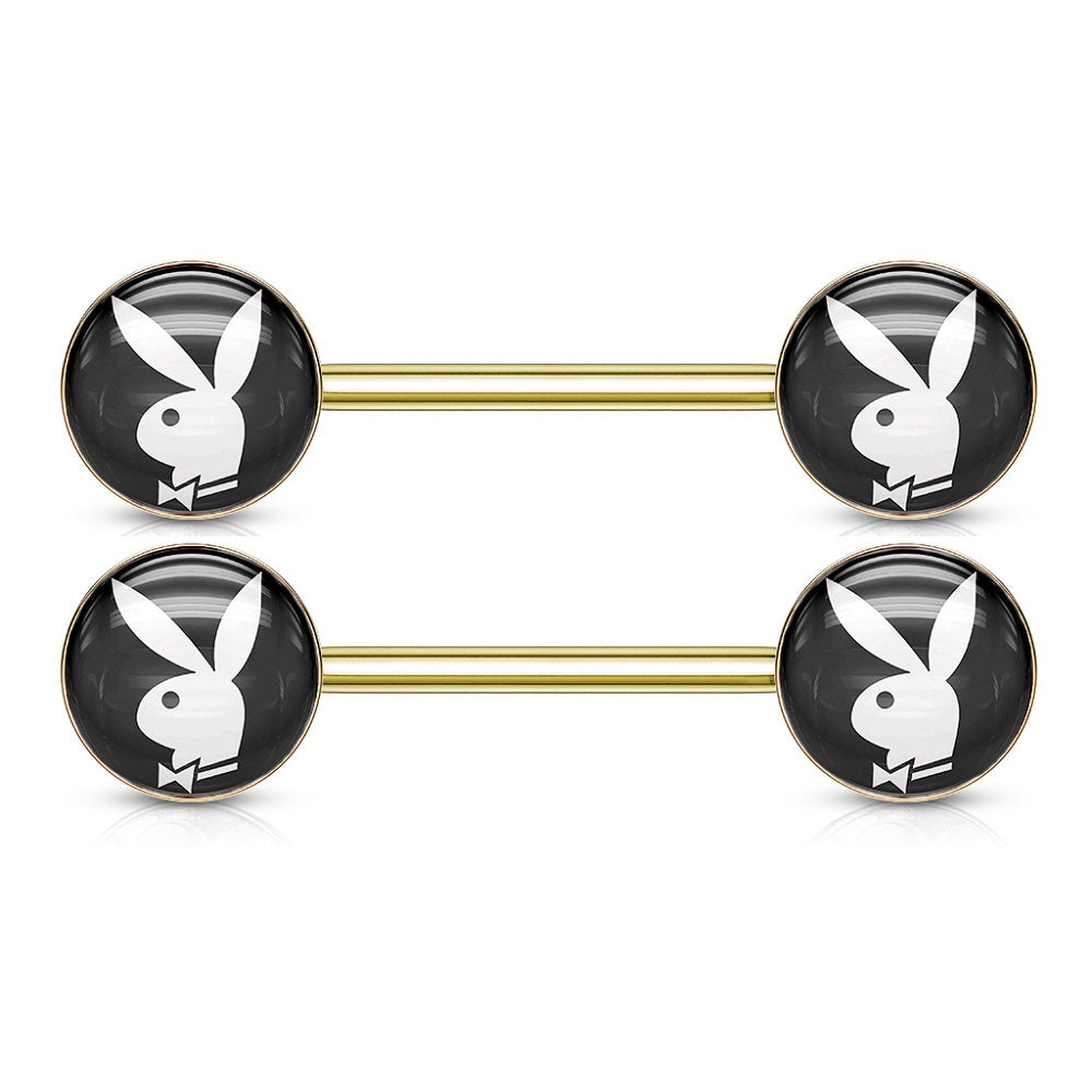 Playboy Bunny Inlaid Nipple Barbells - Pair - 316L Stainless Steel