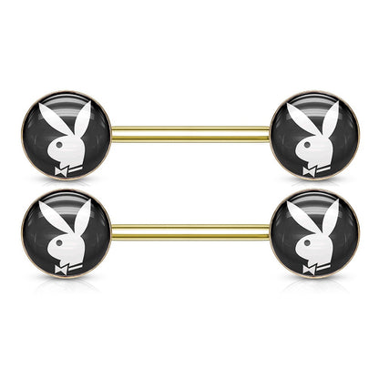 Playboy Bunny Inlaid Nipple Barbells - Pair - 316L Stainless Steel