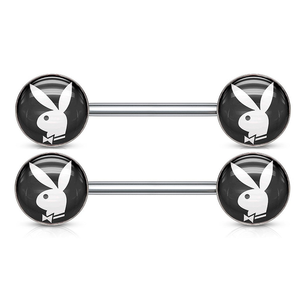 Playboy Bunny Inlaid Nipple Barbells - Pair - 316L Stainless Steel