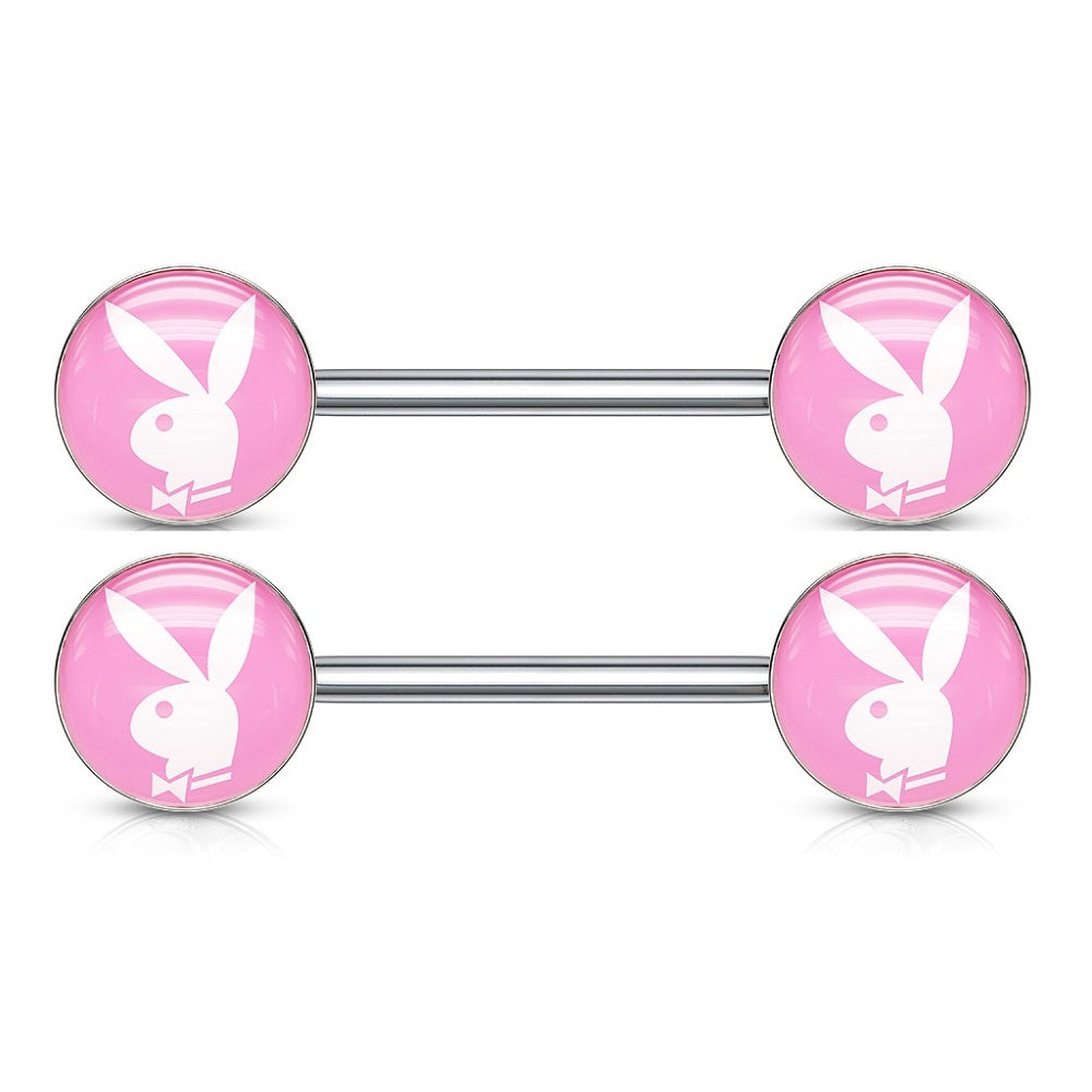 Playboy Bunny Inlaid Nipple Barbells - Pair - 316L Stainless Steel