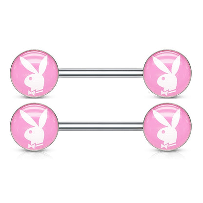 Playboy Bunny Inlaid Nipple Barbells - Pair - 316L Stainless Steel