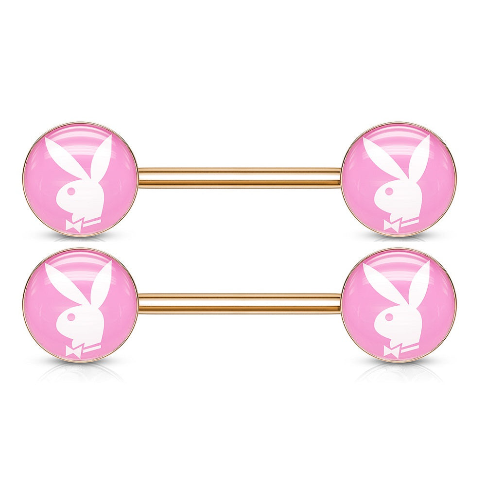 Playboy Bunny Inlaid Nipple Barbells - Pair - 316L Stainless Steel