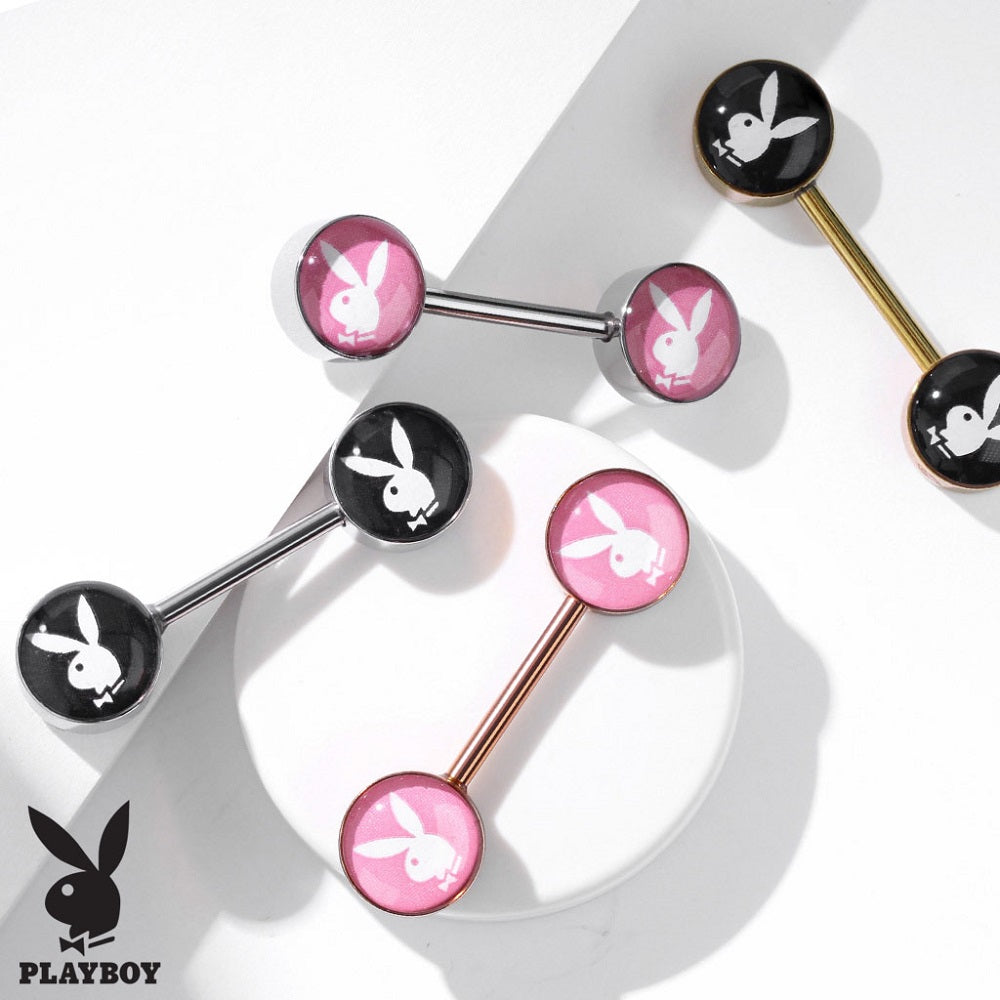 Playboy Bunny Inlaid Nipple Barbells - Pair - 316L Stainless Steel