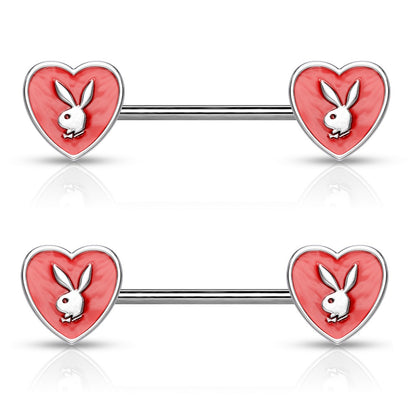 Playboy Bunny Red Heart Nipple Barbells - Pair - 316L Stainless Steel