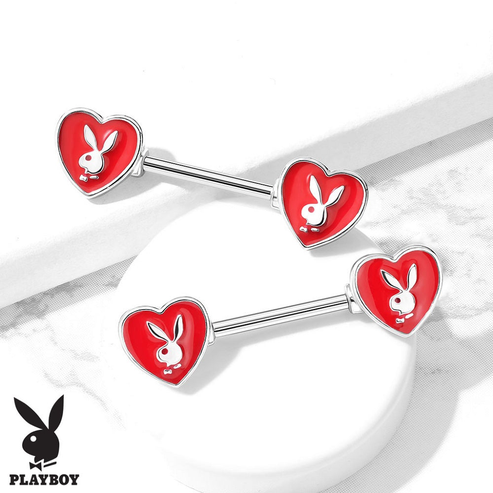 Playboy Bunny Red Heart Nipple Barbells - Pair - 316L Stainless Steel