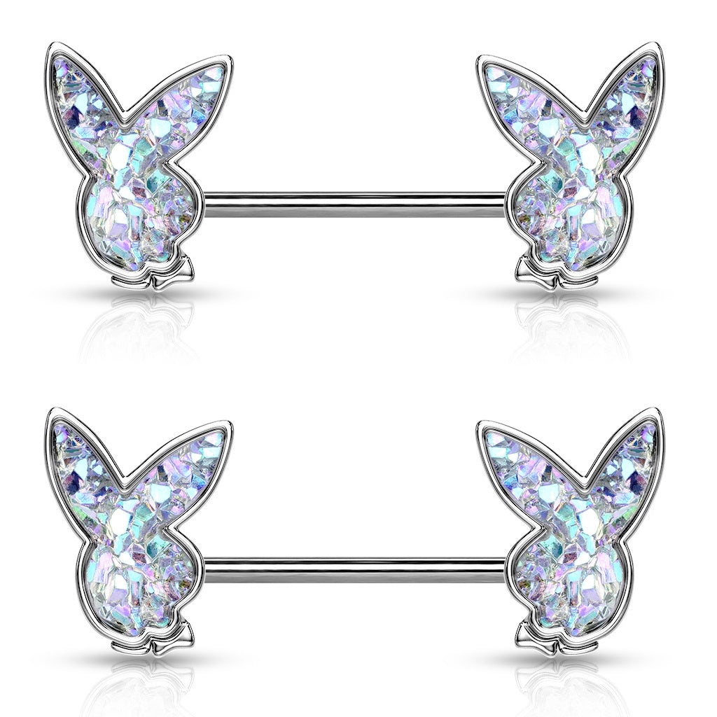 Druzy Stone Playboy Bunny Nipple Barbells - Pair - 316L Stainless Steel