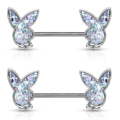 Druzy Stone Playboy Bunny Nipple Barbells - Pair - 316L Stainless Steel