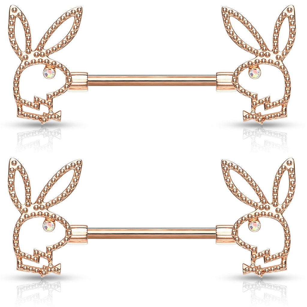 Playboy Bunny with CZ Crystal Eye Nipple Barbells - Pair - 316L Stainless Steel