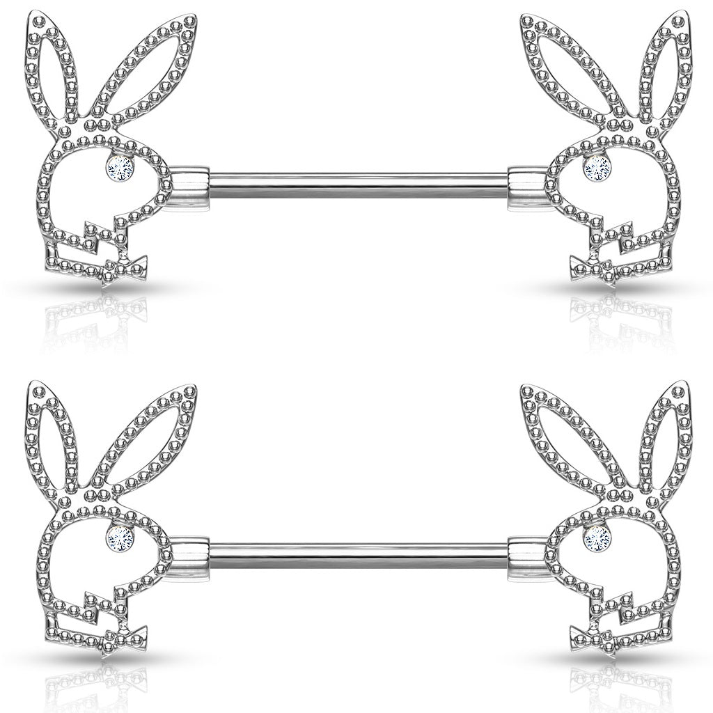 Playboy Bunny with CZ Crystal Eye Nipple Barbells - Pair - 316L Stainless Steel