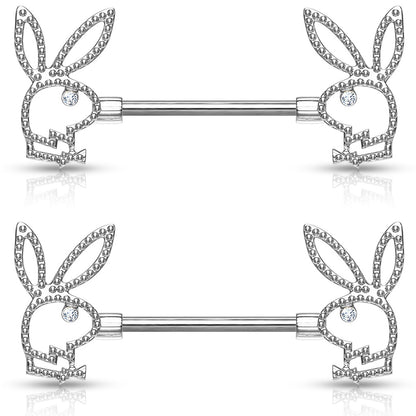 Playboy Bunny with CZ Crystal Eye Nipple Barbells - Pair - 316L Stainless Steel