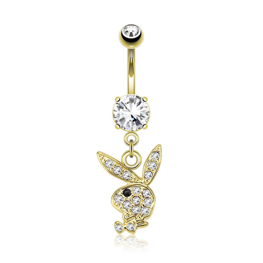 CZ Crystal Paved Playboy Bunny Dangling Belly Button Ring - 316L Stainless Steel