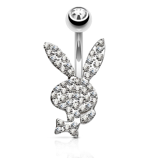 CZ Crystal Paved Playboy Bunny Belly Button Ring - 316L Stainless Steel