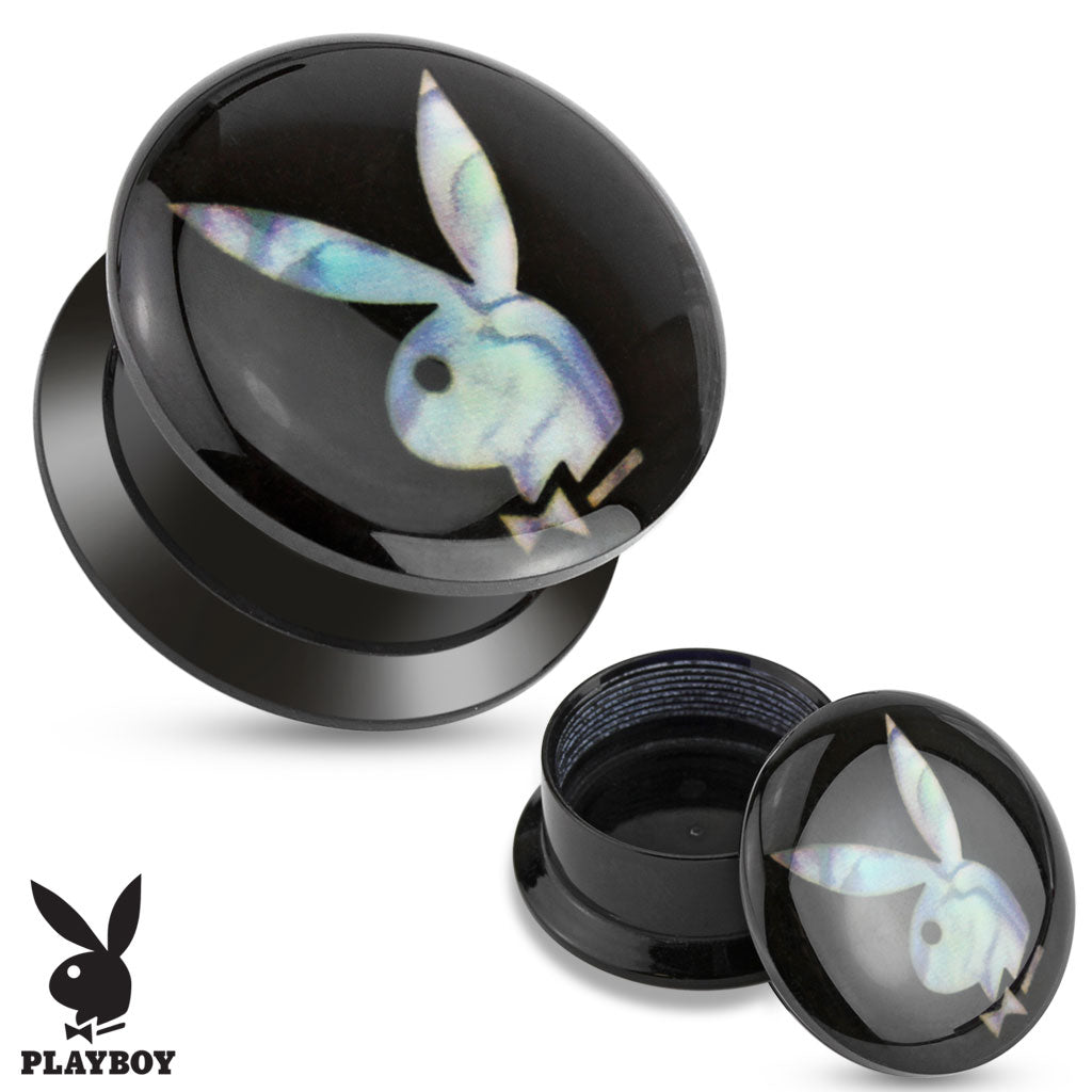 Mother of Pearl Playboy Bunny Inlay Black Acrylic Screw Fit Plugs - Pair