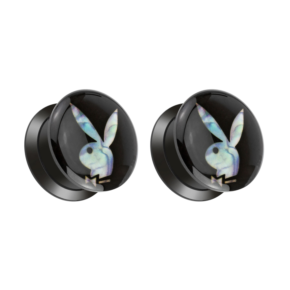 Mother of Pearl Playboy Bunny Inlay Black Acrylic Screw Fit Plugs - Pair