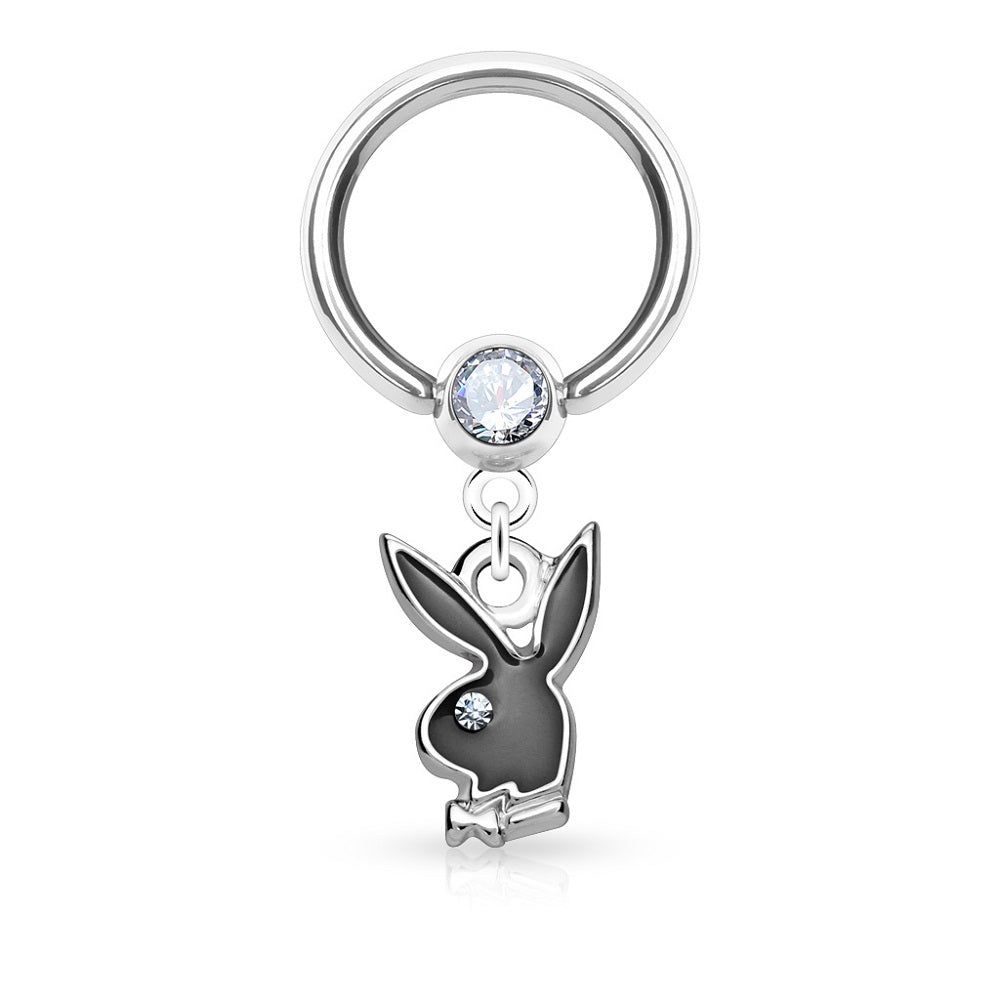 CZ Crystal Set Black Enamel Playboy Bunny Dangling Captive Bead Ring - 316L Stainless Steel