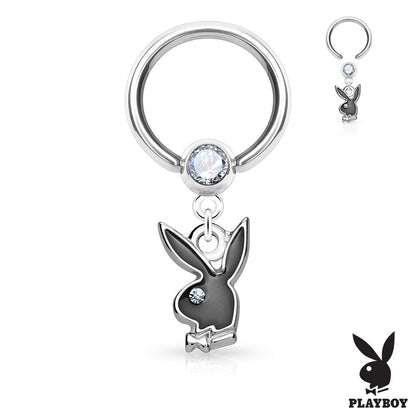 CZ Crystal Set Black Enamel Playboy Bunny Dangling Captive Bead Ring - 316L Stainless Steel