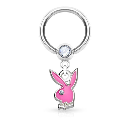 CZ Crystal Set Black Enamel Playboy Bunny Dangling Captive Bead Ring - 316L Stainless Steel