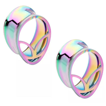 Rainbow PVD Plated Alien Face Shaped Double Flared Tunnels - 316L Stainless Steel - Pair