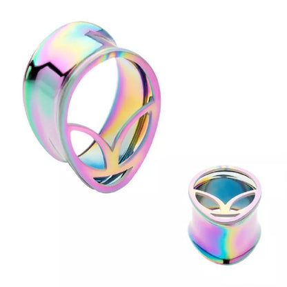 Rainbow PVD Plated Alien Face Shaped Double Flared Tunnels - 316L Stainless Steel - Pair