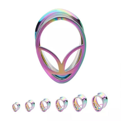 Rainbow PVD Plated Alien Face Shaped Double Flared Tunnels - 316L Stainless Steel - Pair