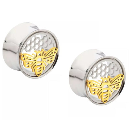 Gold PVD Cut Out Bee and Honeycomb Shape Double Flared Plugs - 316L Stainless Steel - Pair