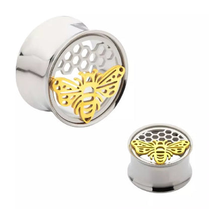 Gold PVD Cut Out Bee and Honeycomb Shape Double Flared Plugs - 316L Stainless Steel - Pair