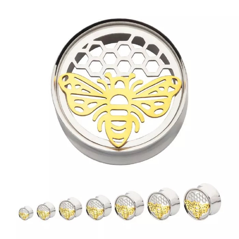 Gold PVD Cut Out Bee and Honeycomb Shape Double Flared Plugs - 316L Stainless Steel - Pair