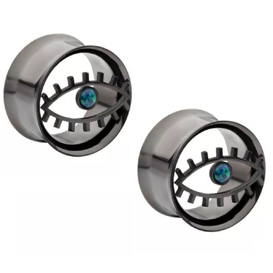 Cut Out Evil Eye with Green Opal Double Flared Tunnels - Black PVD 316L Stainless Steel - Pair