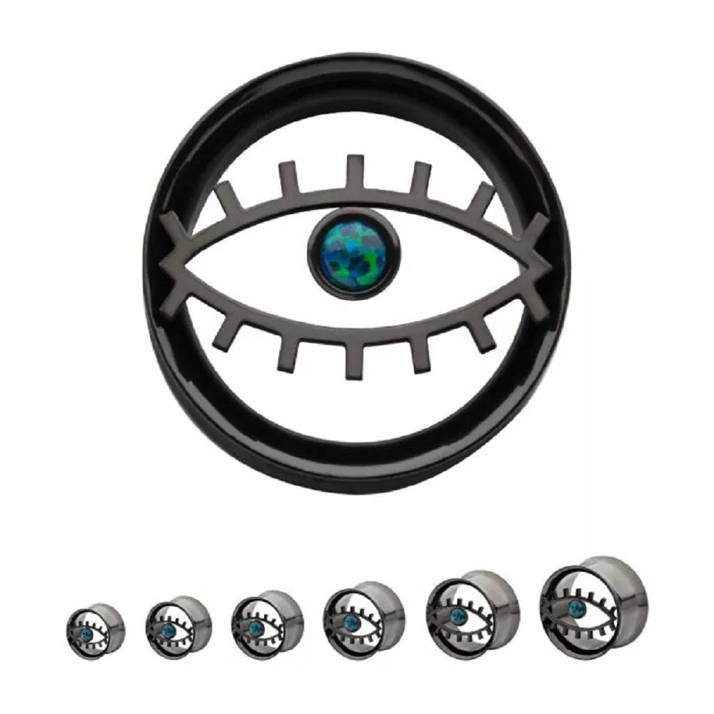 Cut Out Evil Eye with Green Opal Double Flared Tunnels - Black PVD 316L Stainless Steel - Pair