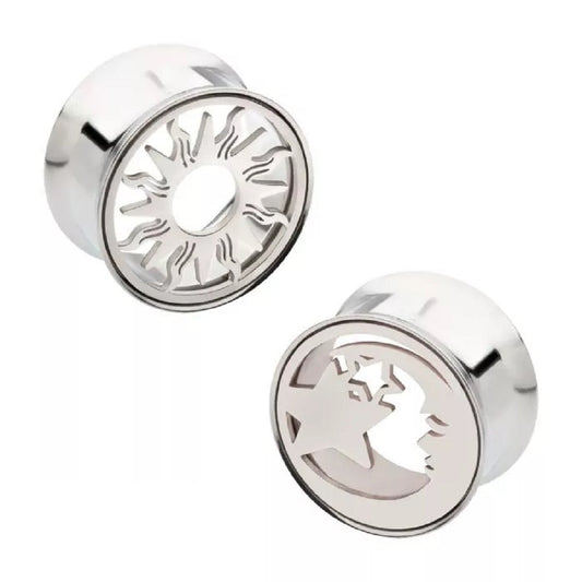 Mismatched Cut Out Sun and Moon and Star Double Flared Plugs - 316L Stainless Steel - Pair