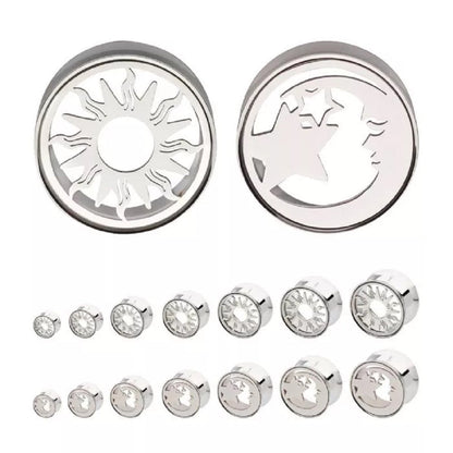 Mismatched Cut Out Sun and Moon and Star Double Flared Plugs - 316L Stainless Steel - Pair