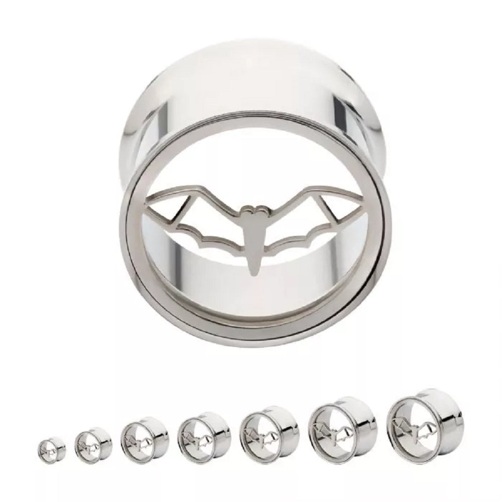 Cut Out Bat with Open Wings Double Flared Plugs - 316L Stainless Steel - Pair