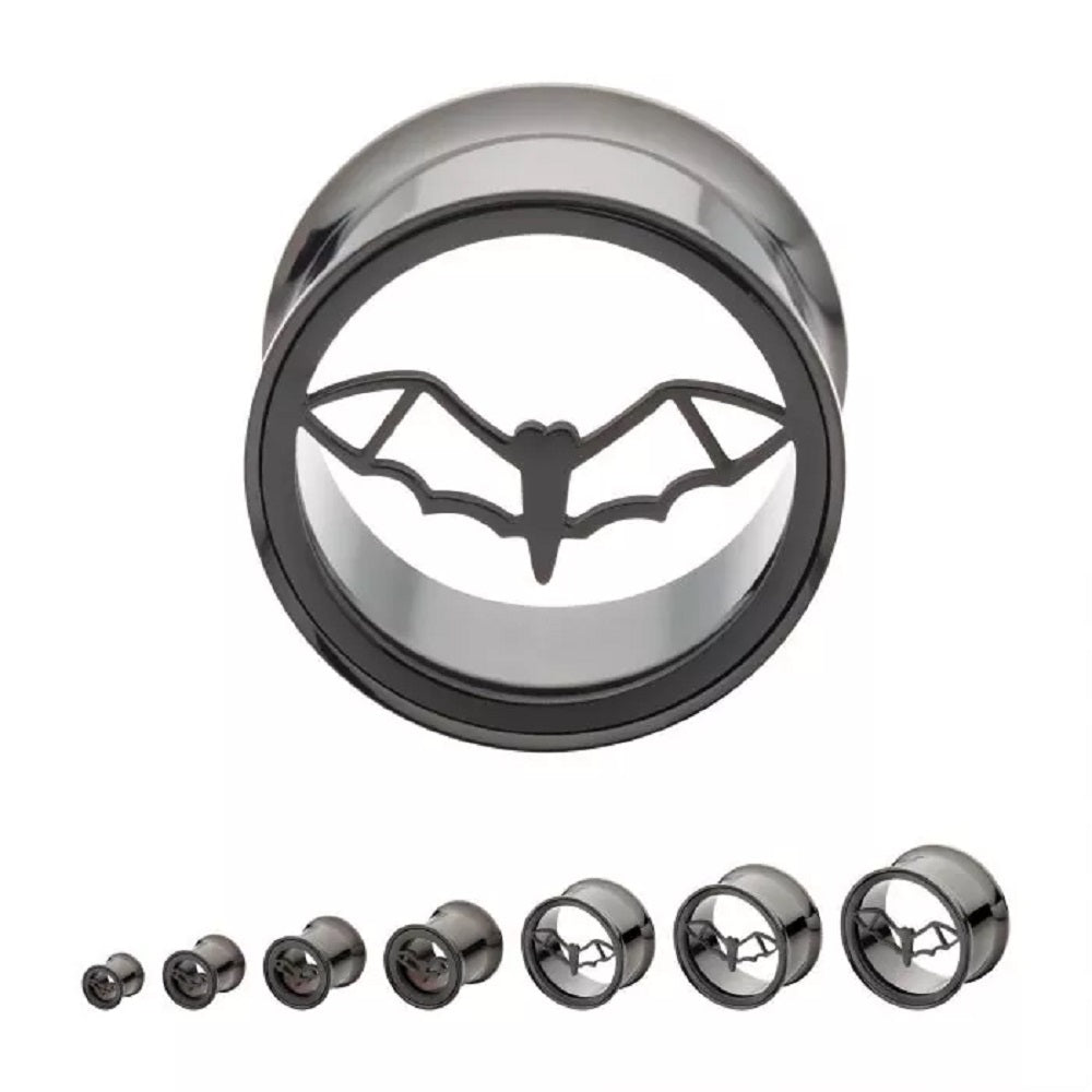 Cut Out Bat with Open Wings Double Flared Plugs - 316L Stainless Steel - Pair