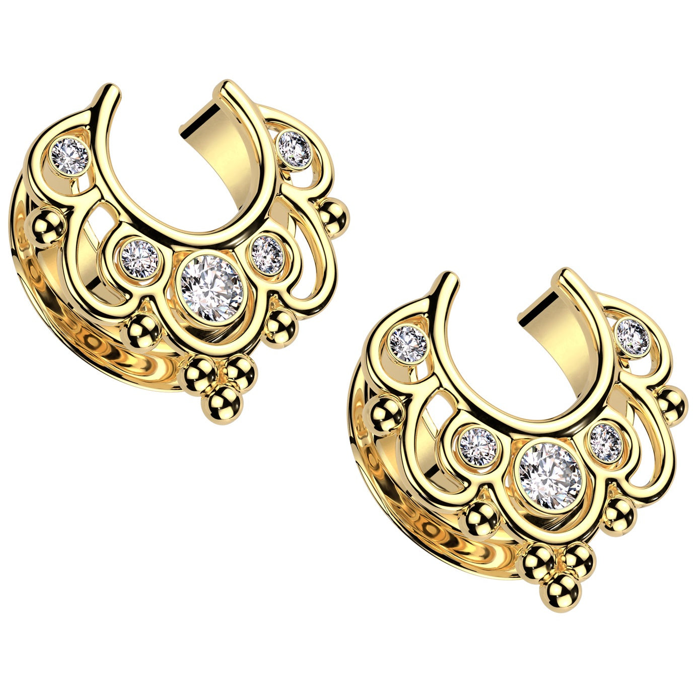 CZ Crystal Floral Filigree Saddle Tunnels - Pair - 316L Stainless Steel