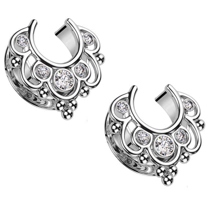 CZ Crystal Floral Filigree Saddle Tunnels - Pair - 316L Stainless Steel