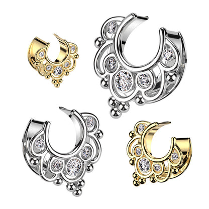 CZ Crystal Floral Filigree Saddle Tunnels - Pair - 316L Stainless Steel