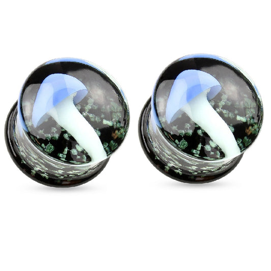 Floating Glowing Mushroom Encased Pyrex Glass Saddle Plugs - Pair