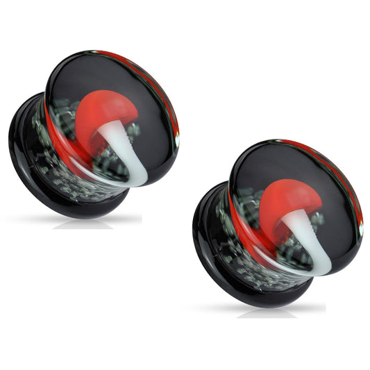 Pyrex Glass Red and White Mushroom with Black Glow in the Dark Sparkle Background Double Flared Plug Gauges
 - Pair