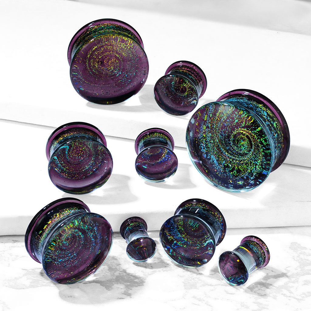Purple Galaxy Sparkle Swirl Double Flared Glass Plugs
 - Pair