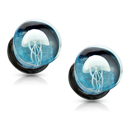 Glass Floating Jellyfish Blue Double Flared Saddle Plug Gauges