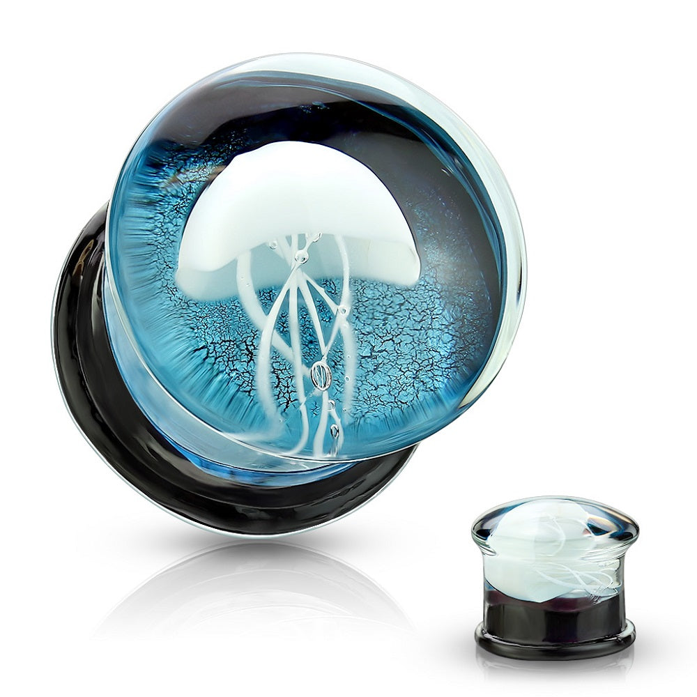 Glass Floating Jellyfish Blue Double Flared Saddle Plug Gauges