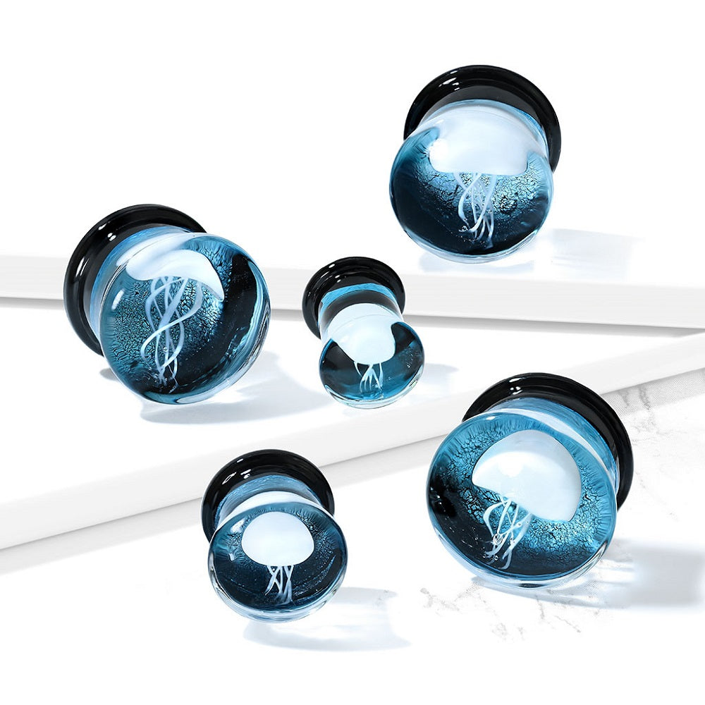 Glass Floating Jellyfish Blue Double Flared Saddle Plug Gauges