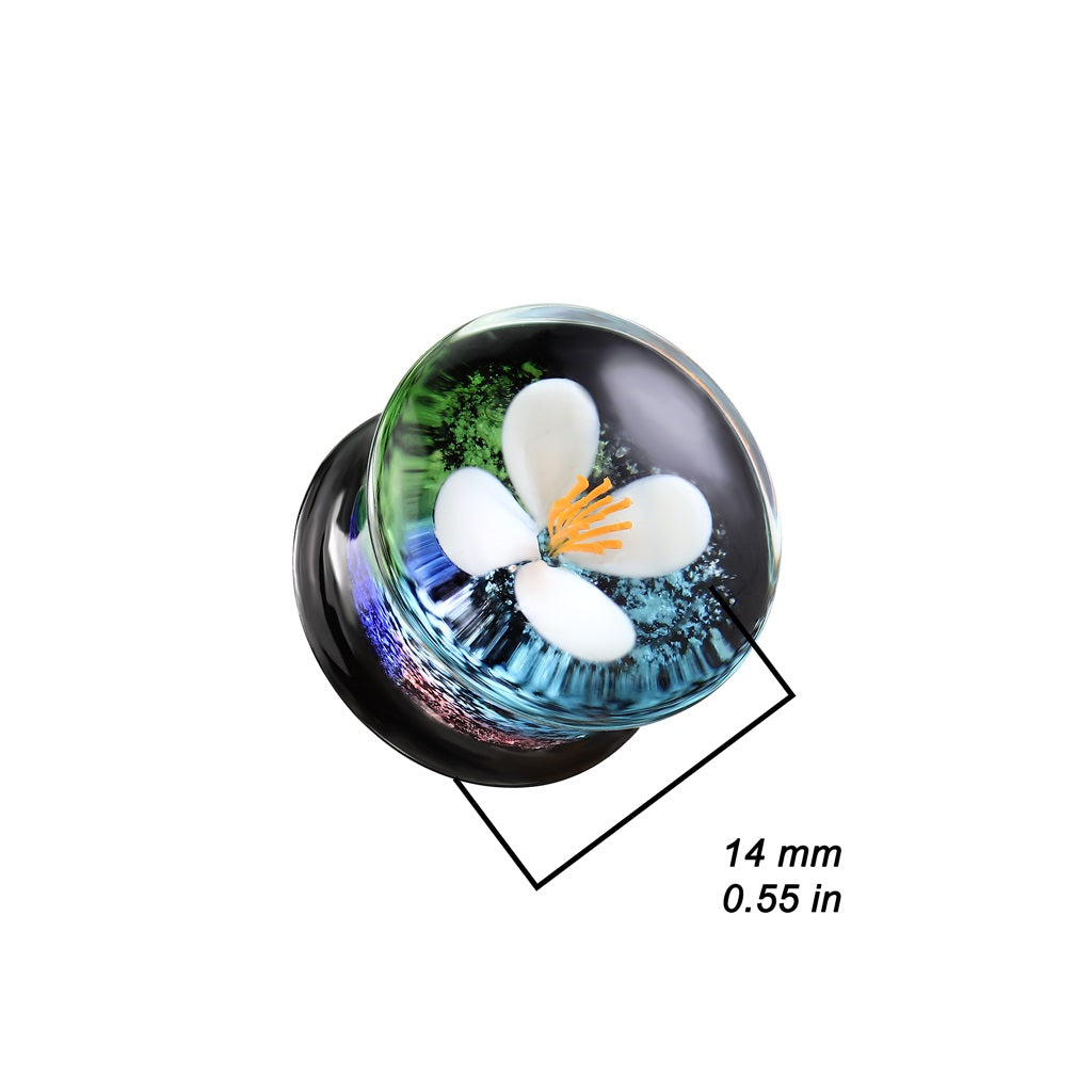 Floating White Flower Glass Double Flared Plugs - Pair