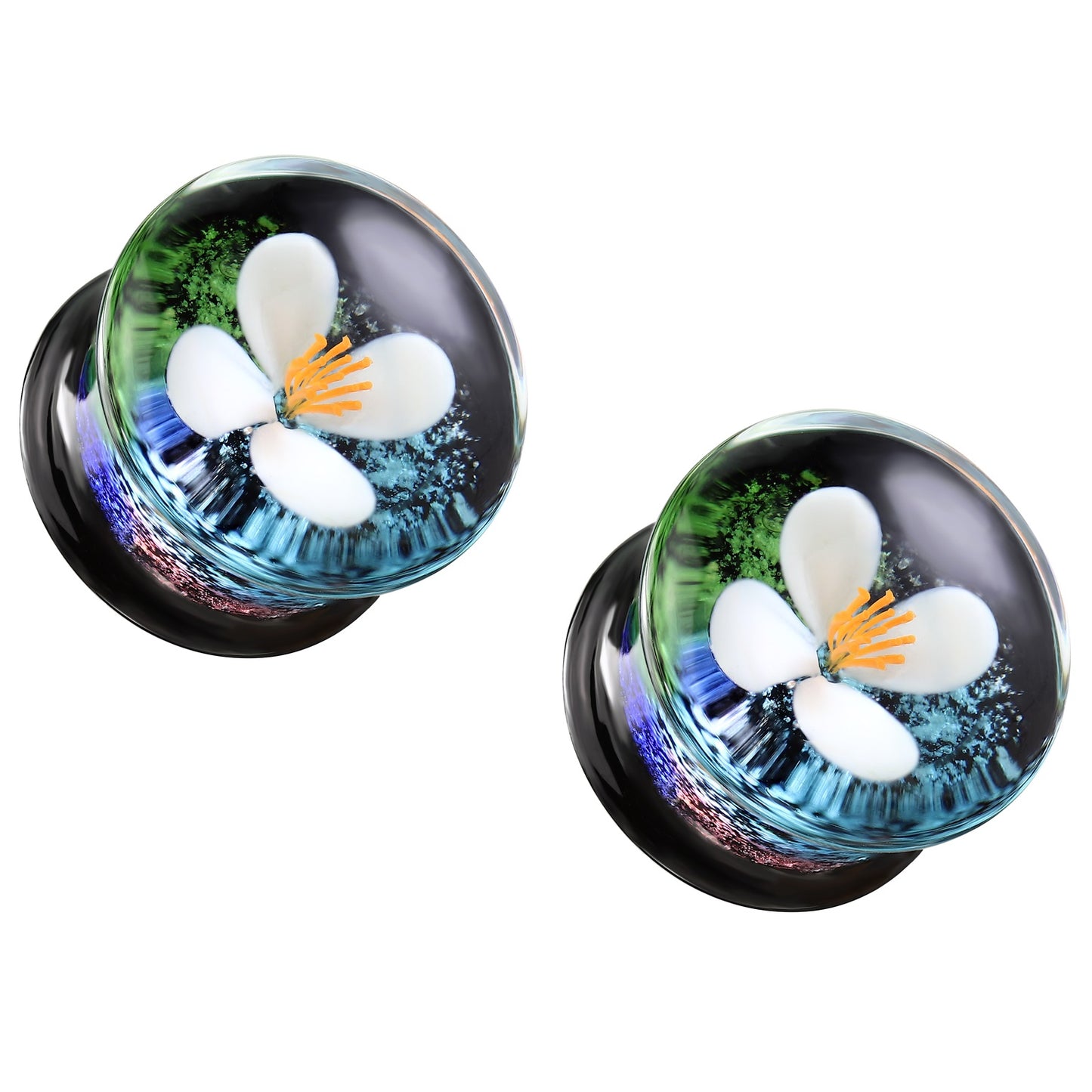 Floating White Flower Glass Double Flared Plugs - Pair