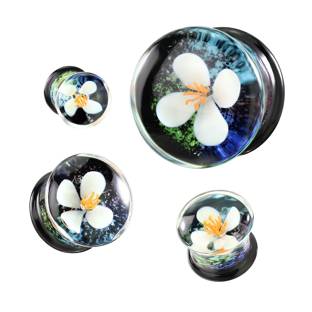 Floating White Flower Glass Double Flared Plugs - Pair